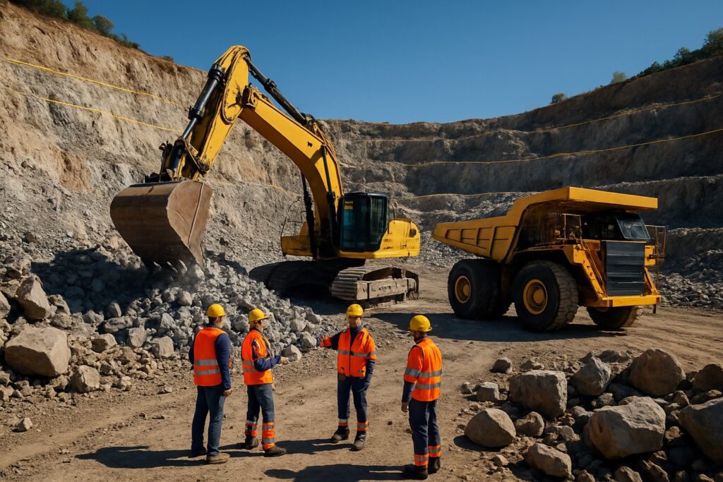What are Rare Earth Minerals: Why they are important for modern day economy 3 Minning of rare earth minerals
a group of people in orange vests and helmets standing in front of a large yellow truck
Rare earth elements